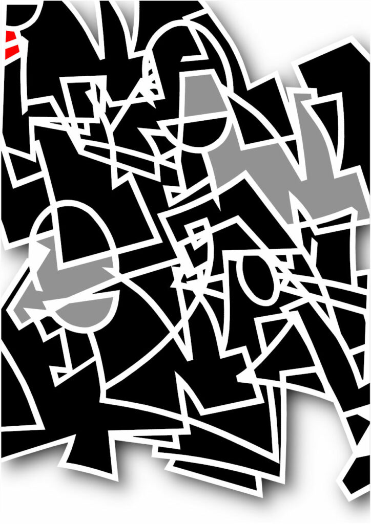 Abstraction de lettres graffiti à partir du prénom Awena par HOZ. Juillet 2025.